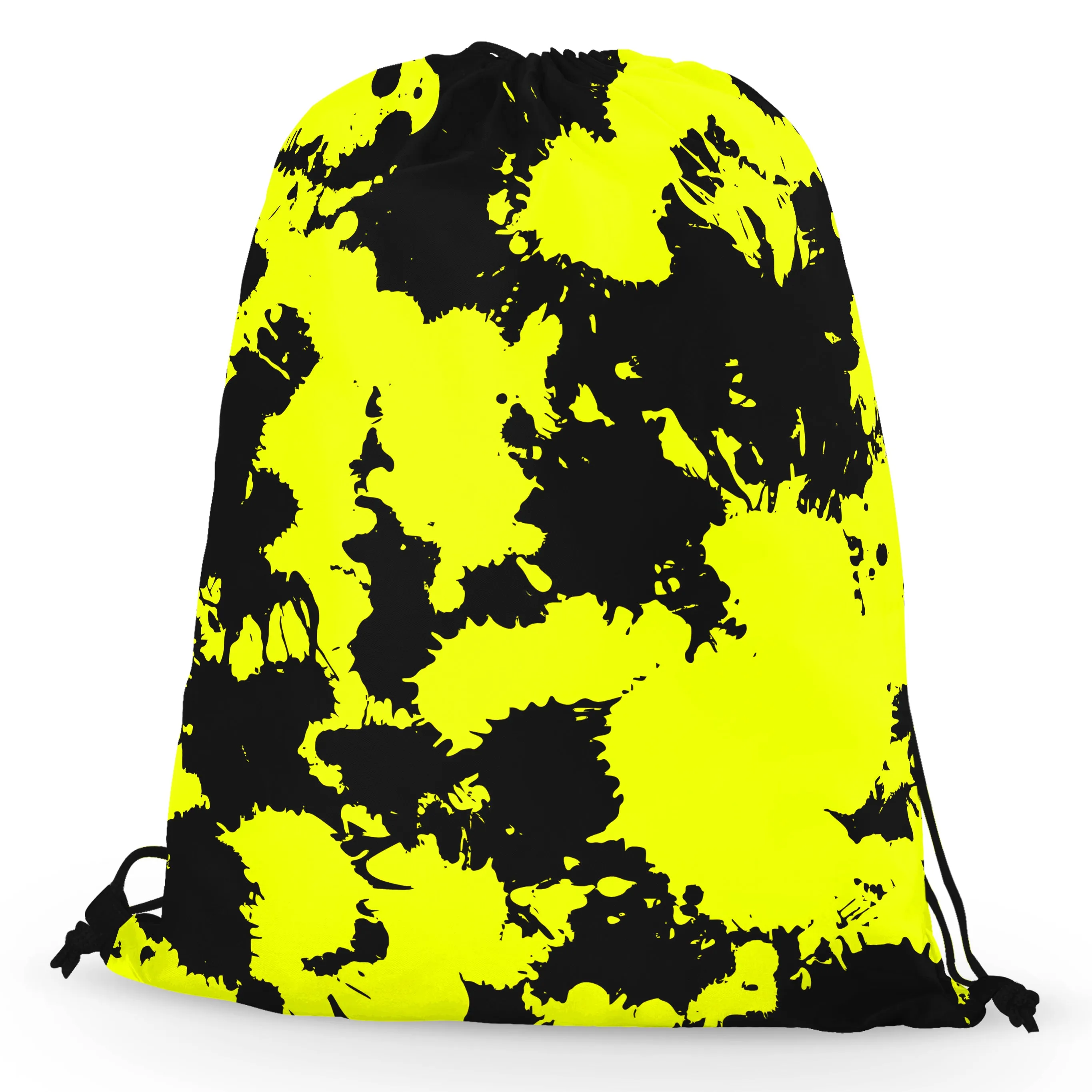 Yellow and Black Paint Splatter Drawstring Bag