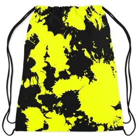 Yellow and Black Paint Splatter Drawstring Bag