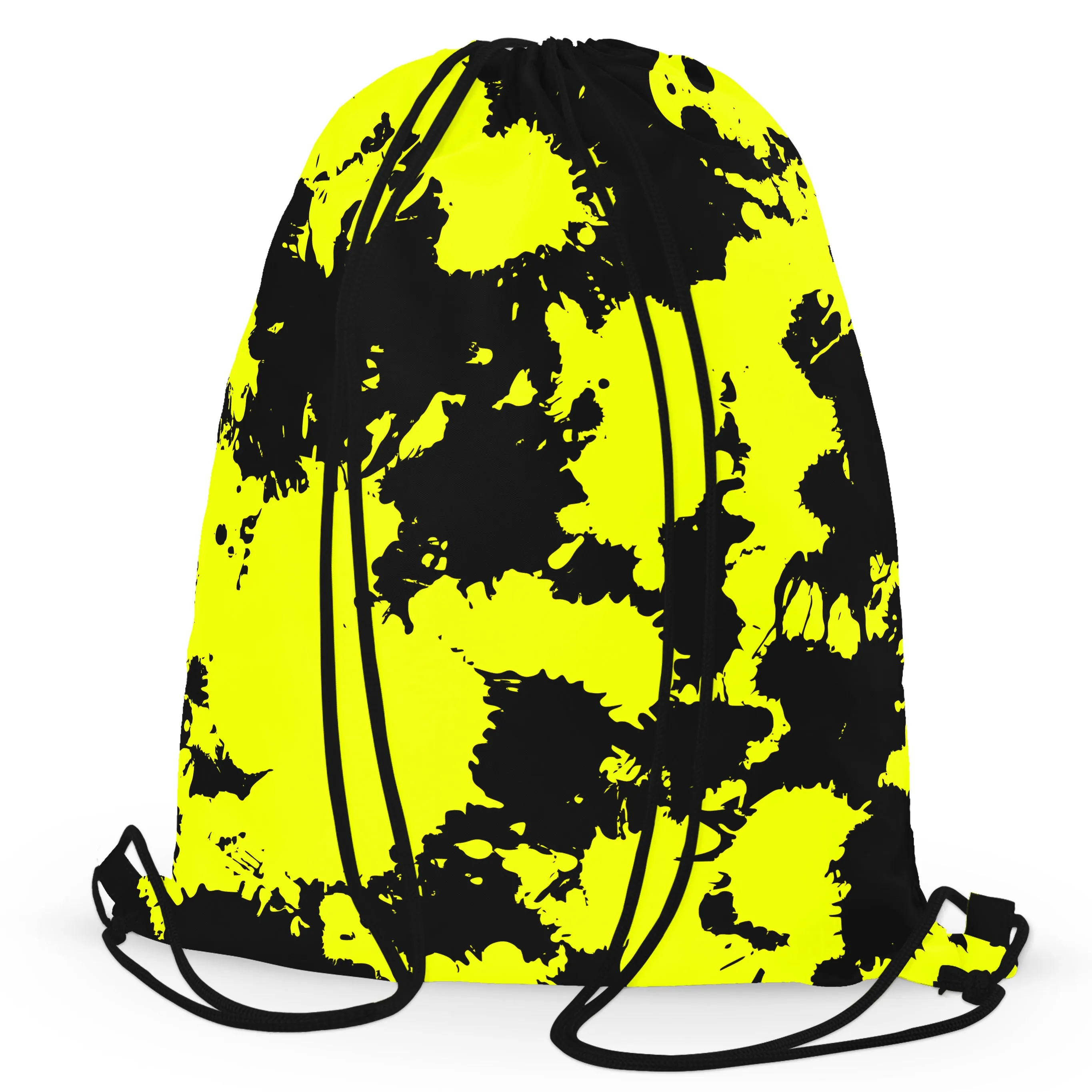 Yellow and Black Paint Splatter Drawstring Bag