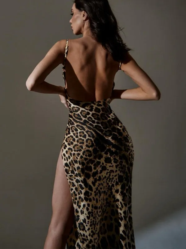 ZASUWA Female Leopard Print Backless Dress